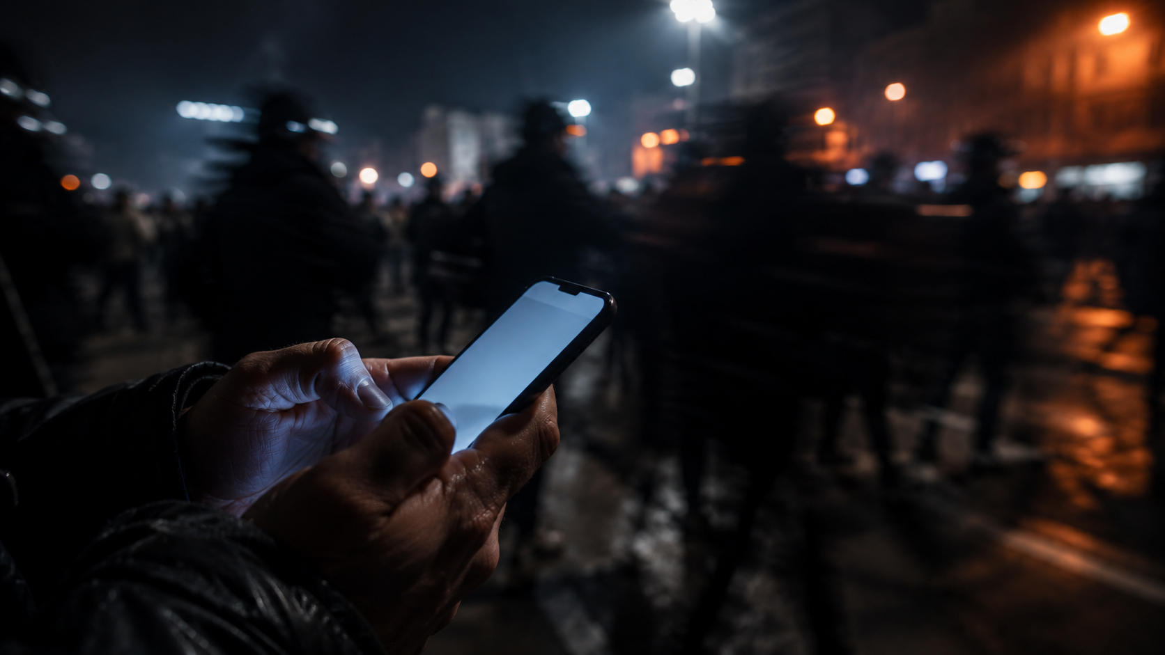 Manos de periodista sosteniendo un celular en entorno caótico nocturno
