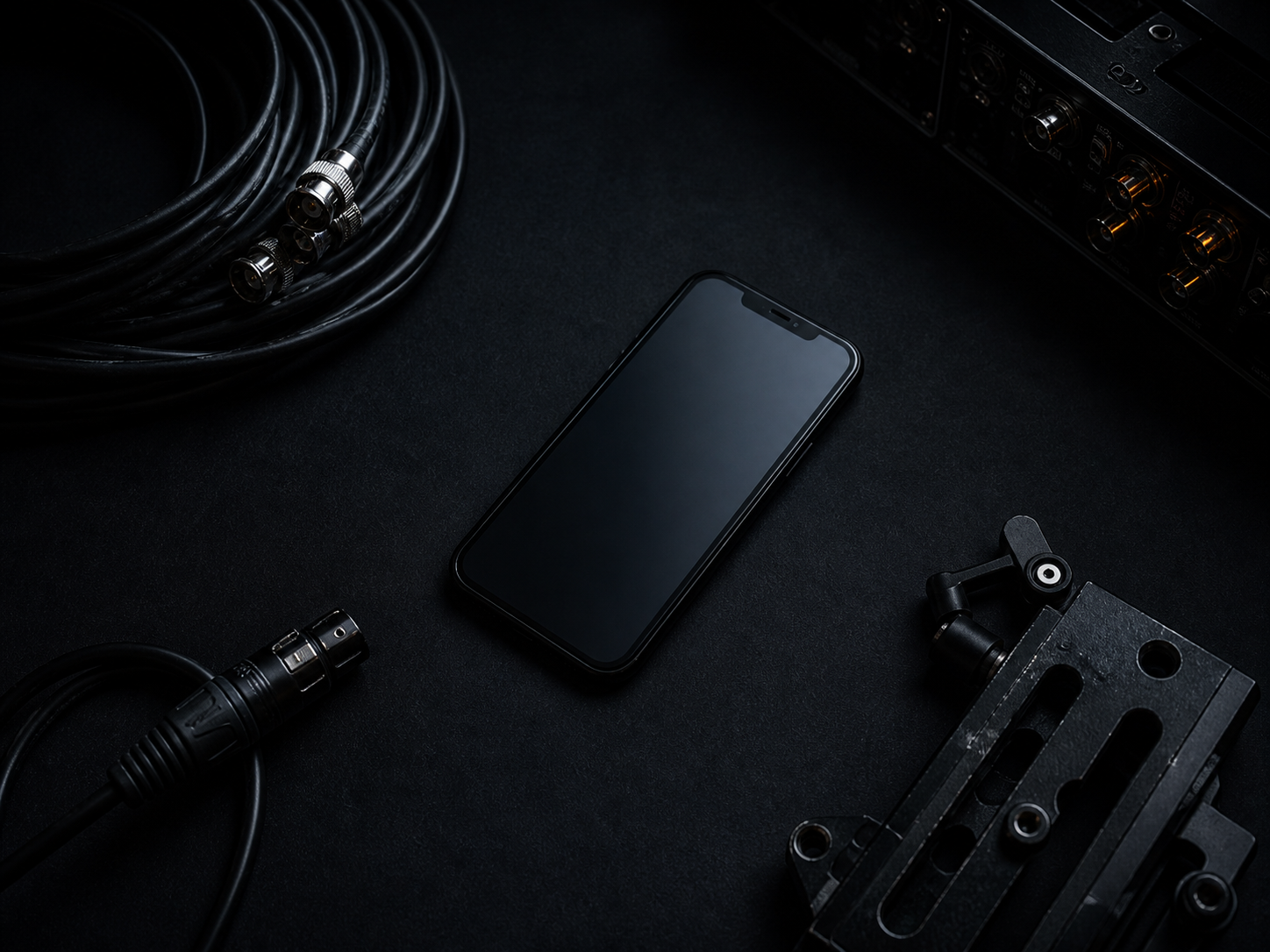 Celular junto a equipos broadcast — still life de cierre
